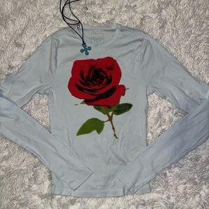 Full Tilt Blue Long Sleeve Graphic Tee with rose design